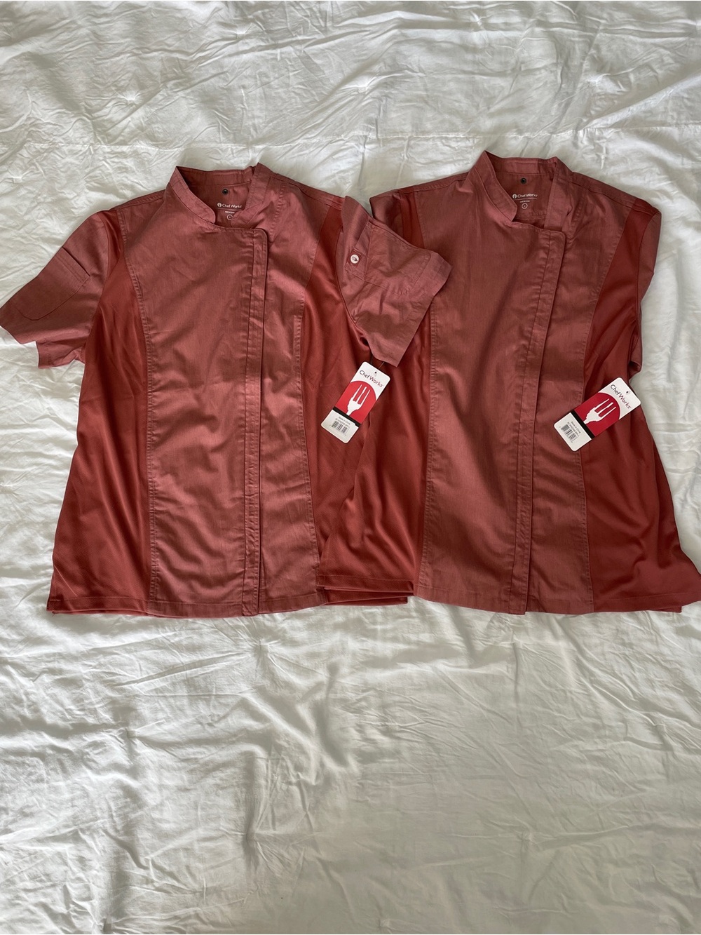 Lot of 2 Women’s Chef Works Springfield Chef Coats in color brick size large NWT